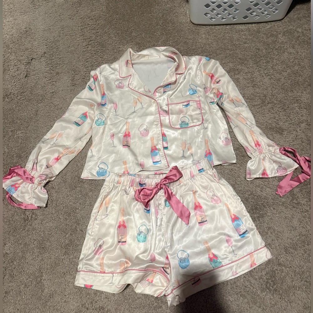 Peach Love California Cream Pajama Set with rings and champagne bottles